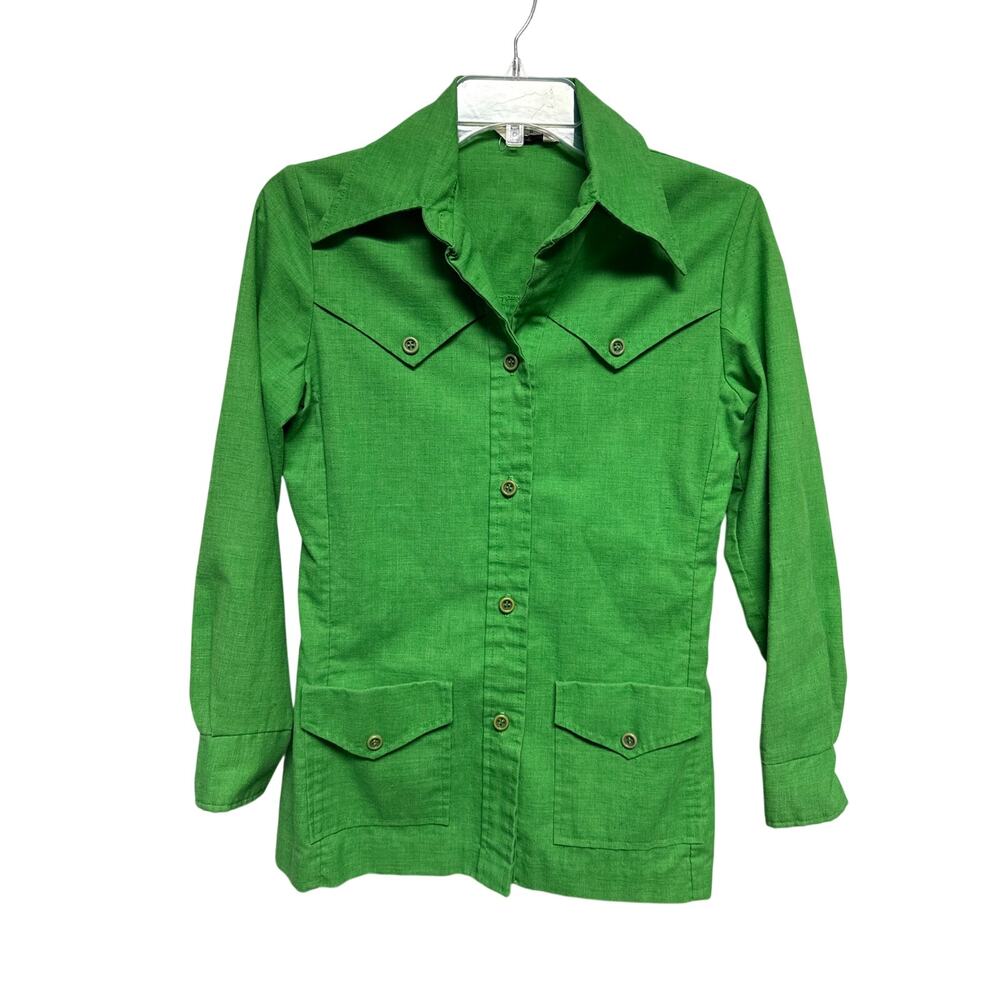 Vintage 70s Sears Cordon Button Down Kelly Green 60s Western Size M